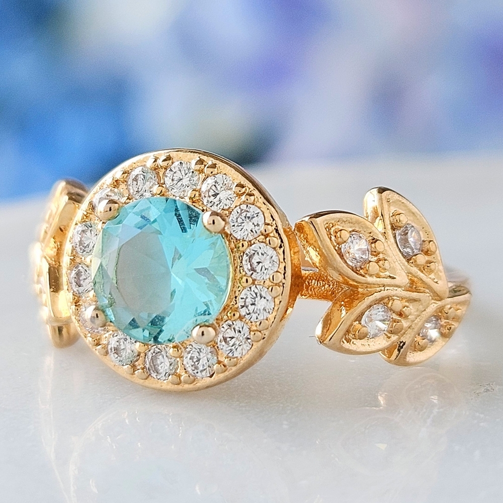 Gold and Aquamarine leaf gem ring, 925 Sterling Silver, 10k gold Charmed Aroma